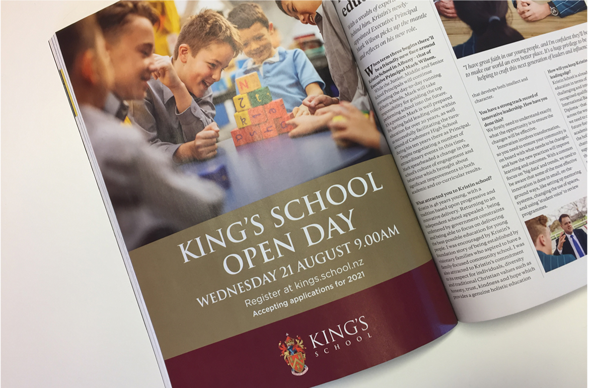 Full page Metro Magazine advertisement promoting Kings School open days